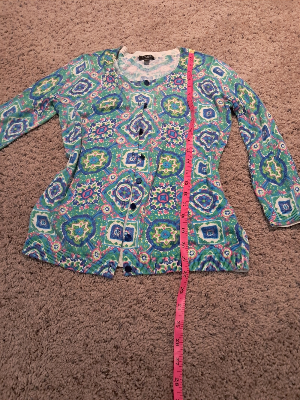 Talbots Green Multi-Pattern 3/4-Sleeve Cardigan In Size P - Picture 5 of 11